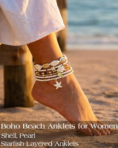 iF YOU Ankle Bracelet Set for Women, 14k Gold Waterproof Seashell Pearl Heart Starfish Conch Link Chain Anklets Set, Boho ...