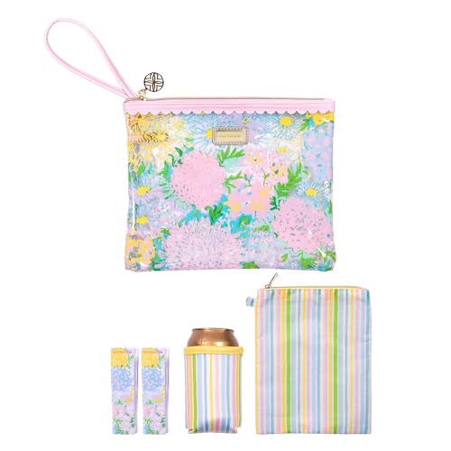 Lilly Pulitzer Water Resistant Vinyl Beach Day Pouch, Zipper Bag Includes Drink Hugger, Small Pouch, and Towel Clips
