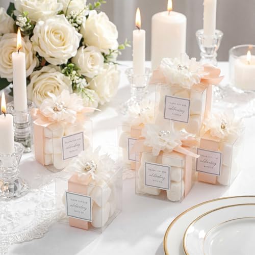 Wenqik 20 Pack Clear Wedding Favor Boxes with Ivory White Pearl Flowers, Ribbon and Thank You Stickers, Elegant Plastic Ca...