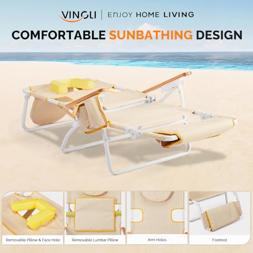VINGLI Deluxe 3 in1 Beach Chair, Tanning Chair with Face Hole, Reclining Lounge with Foot Rest, Cup Holder and Storage Ba...