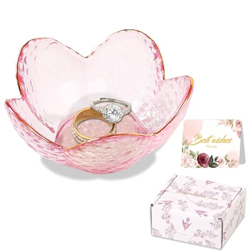 Gifts for Women Pink Flower Ring Dish Glass Jewelry Dish Jewelry Tray Cute Vanity Organizer Room Decor Aesthetic Nightstan...