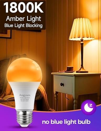 Angyues Amber Sleep Light Bulbs, Blue Light Blocking, A19 3W(25 Watt Equivalent) Dim Light Bulbs for Lamp,1800K Warm Light...