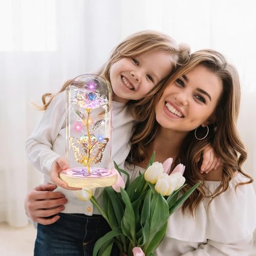 Mothers Day Rose Gifts for Mom Galaxy Glass Roses Preserved Forever Flowers for Delivery Light Up Rose in Glass Dome Anniv...