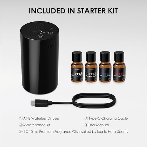 Airversa Waterless Essential Oil Diffuser Starter Kit with 4 x 10mL Hotel Scent Fragrance Oil, Battery Operated Mini Scent...