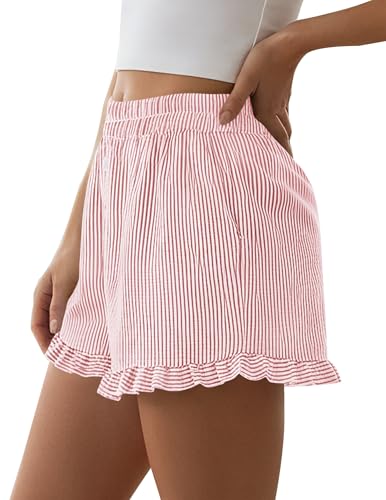 PRETTYGARDEN Womens Boxer Shorts Y2K Ruffle Pajama 2026 Summer Spring Lounge Sleep Striped Casual Beach Pj Bottoms Pockets