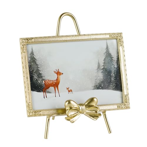 Synovana Gold Alloy Picture Frame – 4x6 Picture Frame with Bow Accent, Golden Picture Frames for Wedding, Anniversary, Tab...
