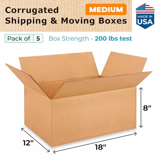 Medium Moving & Shipping Boxes 18 x 12 x 8 inches (5-Pack) - Extra Strength 200 lb vs Regular - USA-Made Corrugated Durabl...