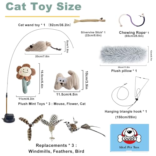 CUUOOT 7-in-1 Kitten Toys for Indoor Cats with Washable Adhesive Suction Cup, Hanging Interactive Cat Toys, Silvervine Sti...