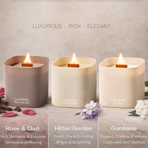 Set of 3 Premium Scented Soy Candles Gift Set | Nature's Bloom Collection - Gardenia, Hilton Garden and Rose & Oud | Crack...