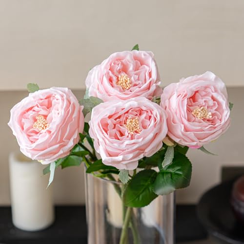 Yonza Soft Touch Artificial Roses and Peonies, 4 Stems Faux Latex Flowers for Vase, Home Wedding Decor - Lifelike Pink Fak...