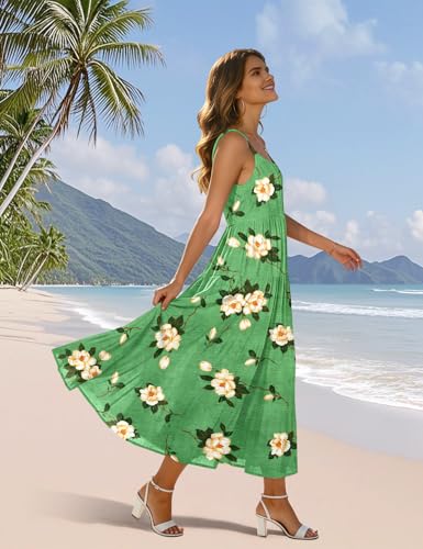 YESNO Summer Bohemian Floral Dresses for Women Spaghetti Straps Maxi Dress Casual Flowy Dresses with Pockets ES0