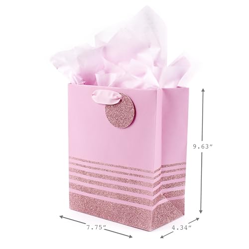 Hallmark 9" Medium Gift Bag with Tissue Paper (Pink Glitter Stripes) for Valentines Day, Birthdays, Baby Showers, Bridal S...