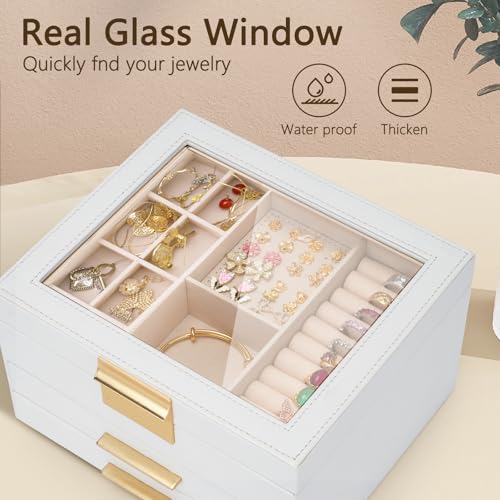 JBAOWEI Jewelry Box for Women, 3-Layer Jewelry Box, Jewelry Organizer with Clear Glass Lid and Drawers, Jewelry Organizers...