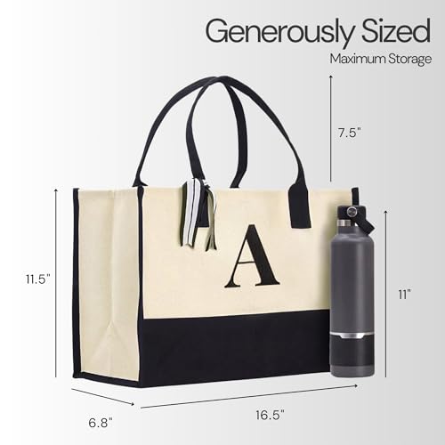 Salt Earth Personalized Initial Canvas Tote Bag for Women, Large Cotton Monogram Beach Grocery Reusable Work Travel Tote