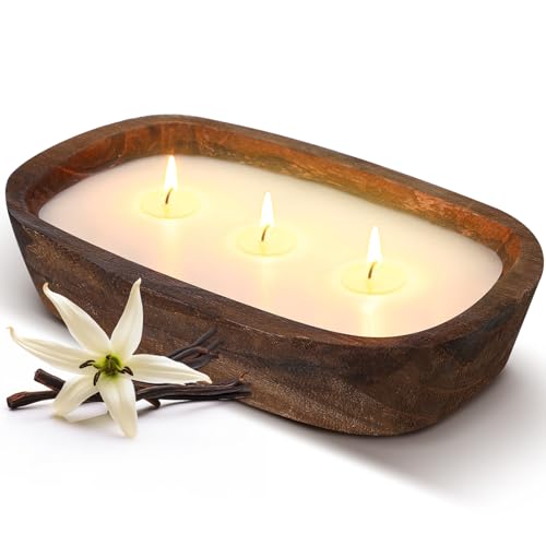 Threlaco 1 Pack 10 Inch Wood Dough Bowl Candles Home Rustic Dough Bowl Soy Candle 3 Wick Scented Candles Gifts for Men Wom...