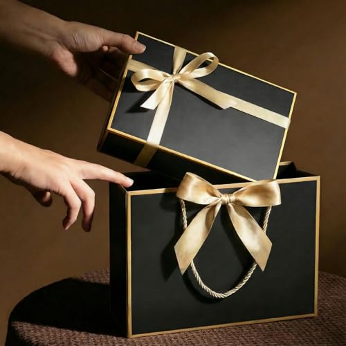 Magnetic Gift Box with Lids Ribbons and Gift Bag for Presents, 9.5x6x3" Black Gold Gift Box with Bag Set for Men Boys Him,...