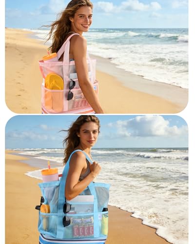 Genteen Beach Bag for Women, Mesh Tote Bags with Zipper, Sandproof Vacation Essentials with Cooler for Swim Cruise Pool