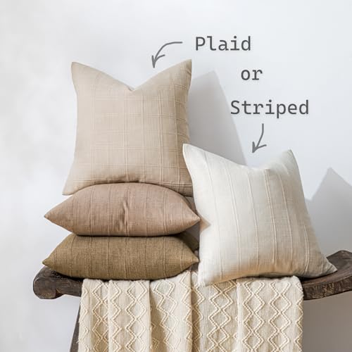 SINYASAN Soft Linen Striped Throw Pillow Covers 18"x18" Set of 2, White Textured Decorative Pillow Cases for Sofa Bedroom ...