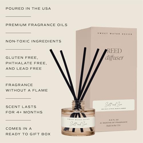 Sweet Water Decor Salt & Sea Reed Diffuser - Sea Salt, Citrus, Musk & Amber Scent - Long-Lasting 4 Month Home Fragrance, N...