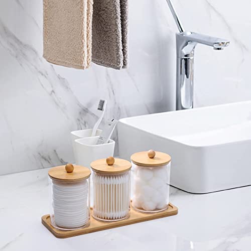 Tbestmax 10 Oz Cotton Swab/Ball/Pad Holder with Vanity Tray, Qtip Apothecary Jar, Clear Bathroom Containers Dispenser for ...