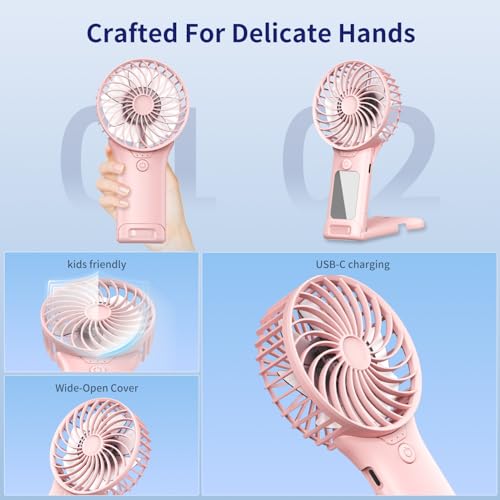ZipVorb Portable Mini Fan with Mirror, USB Rechargeable, Pocket 4-Speed Cooling, Up to 15 Hours, Compact Handheld Fan for ...