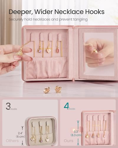 SONGMICS Jewelry Box Organizer with Mirror, Travel Jewelry Case with Pocket for Bracelet, Interlayer, 4.6 x 5.2 x 2.8 Inch...