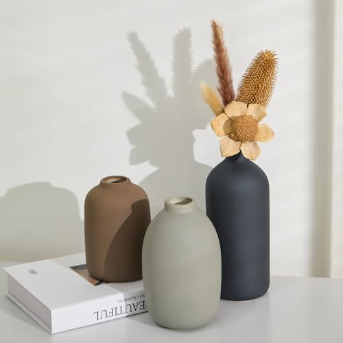 Joynisy Ceramic Vase Set of 3,Neutral Modern Vases for Bouquet Pampas Grass Dried Fresh Flowers,Rustic Home Decor for Livi...