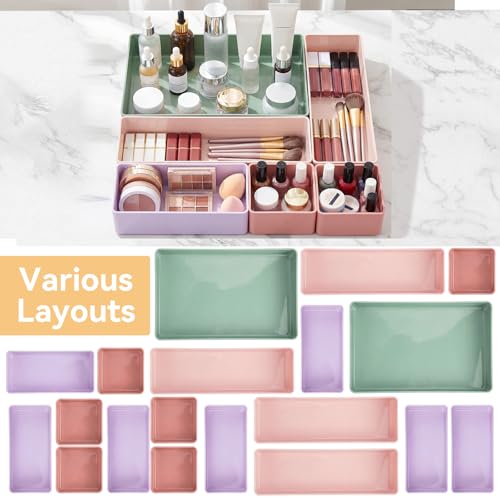 Teenyyou 18 Pcs Drawer Organizer Stackable 4 Size Makeup Drawer Organizer Trays Acrylic Bathroom Vanity Storage Bins for C...