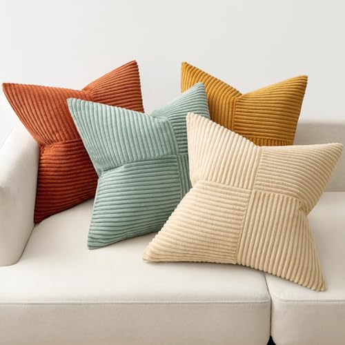 MIULEE Teal Orange Decorative Throw Pillow Covers 18x18 Inch Set of 4 Boho Corduroy Striped Cushion Cases Modern Farmhouse...