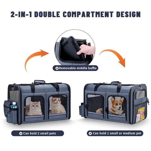 Groxkox Cat Carrier for 2 Cats, Foldable Double Cat and Dog Carrier, Small to Medium Size, 2 Front Zippered Compartments,T...