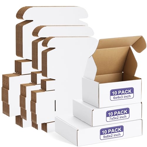 Eupako 30 Pack Small Shipping Boxes Assorted Sizes, 6x4x3, 7x5x2, 9x6x2-10 PCS Each Small Boxes, White Corrugated Box Mail...