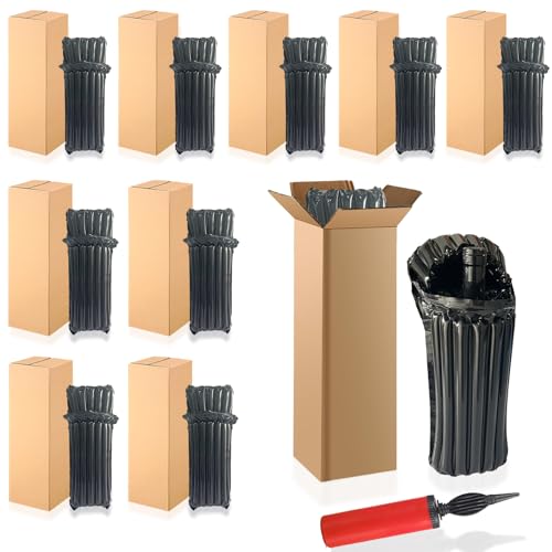 10 Wine Shipping Box Sets,Include 10 Wine Boxes for Shipping and 10 Bottle Protector Bags with 1 Reusable Air Pump,Inflata...