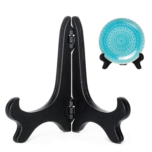 LXUEJIE 4" Easel Plate Holder, Black Wood-Like Plastic Display Stand Folding Small Plates Stand for Decorative Picture Fra...