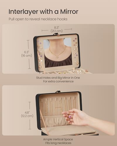 SONGMICS Jewelry Box Organizer with Mirror, 2-Layer Jewelry Holder Case, Removable Tray, 6.9 x 8.7 x 4.3 Inches, Earring N...