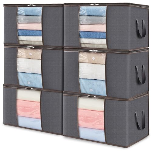 Lifewit 6 Pack Clothes Storage Bins with Lids, Foldable Blanket Storage Bags with Zippers, Clear Window and Reinforced Han...