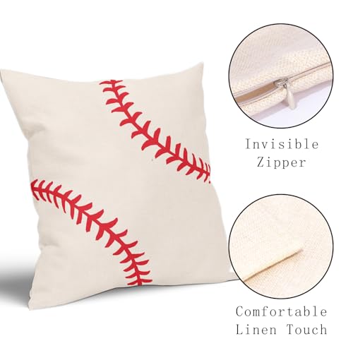 Vrysenium Baseball Pillow Covers 18x18 Inch Set of 2 Sport Themed Cotton Linen Decorative Throw Pillow Case Ball Stitches ...