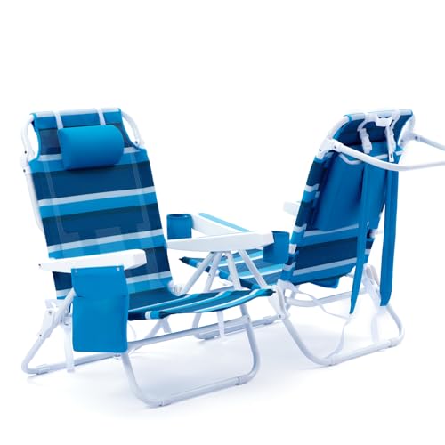 WTVIDAS Beach Chair 2 Pack, 5 Positions Textilene Folding Reclining Beach Chair with Backpack Straps, Cooler Bag & Cup Hol...