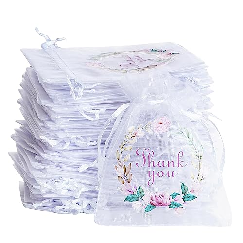 Bskifnn 50 Pcs Organza Bags Thank You Printed Satin Drawstring Organza Pouch Candy Bags Wedding Party Favor Gift Bag Jewel...