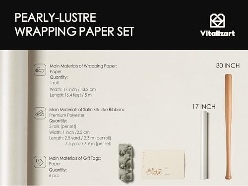 Vitalizart White Wrapping Paper Set 17" Pearly-Lustre With Silk Like Satin Ribbon & Gift Tags Recyclable Christmas Gift Wr...