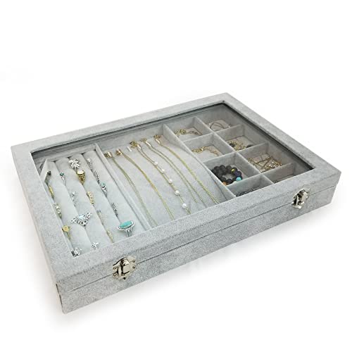 BesyPro Ice Velvet Jewelry Organizer Box for Women Girlfriend Wife,Clear Lid Earrings Rings Necklace Bracelets Jewelry Tra...