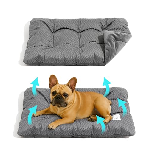 FUNNY FUZZY Washable Dog Crate Pad 30x20, Double-Sided Cooling Linen & Sherpa, Flat Crate Mat/Kennel Pad, Rectangle Dog Be...