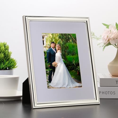 YiPinYin Classy Silver Plated 8x10''Photo Frame 2 pack,Classic Beaded Frame 8x10'' Mat 5x7'',Real Glass Front and Velvet B...