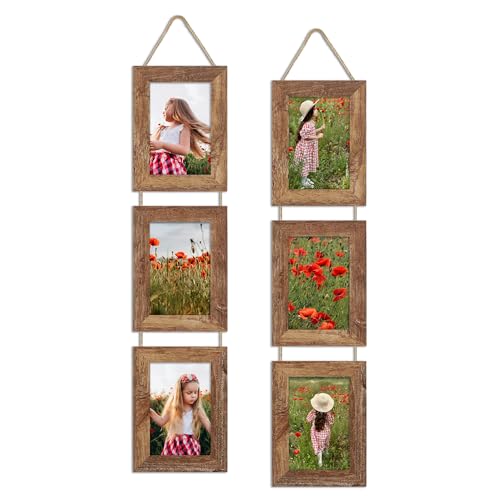 ccdcc 4x6 Collage Picture Frames Set of 2, Rustic Wooden Real Glass Vertical Hanging 3 Opening 4 by 6 Photo Frame, Rustic ...
