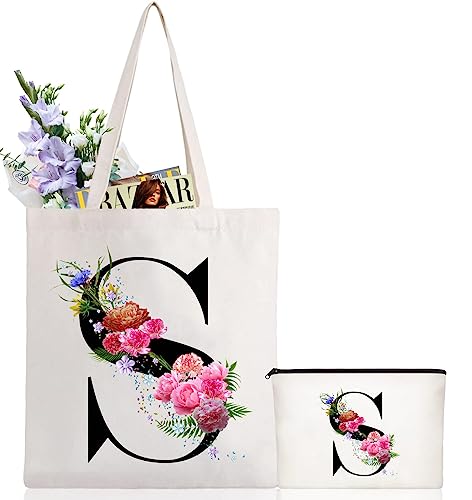 Andeiltech Initial Canvas Tote Bag Floral Letter Personalized Makeup Bag Monogrammed Gift for Bridesmaids Birthday Wedding