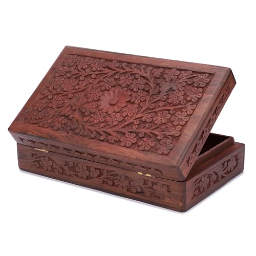 Ajuny Wooden Handcarved Decorative Jewelry Storage Box Flower Design Multipurpose Treasure Chest Keepsake Organizer Neckla...