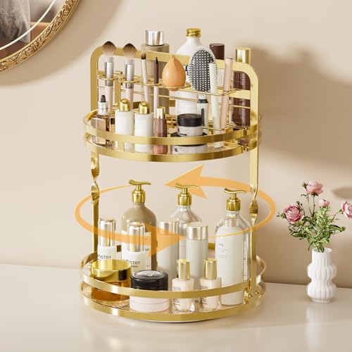 360° Rotating Makeup Organizer, 2-Tier Gold Perfume Organizer for Dresser, Bathroom Organizers Countertop, Perfume Shelf w...
