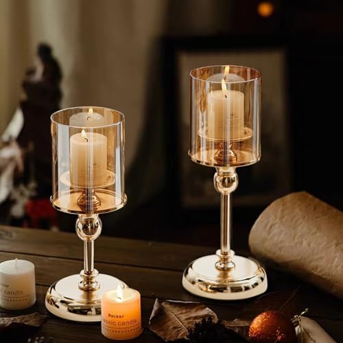 MrMrKura Gold Candle Holder for Table Centerpiece, Set of 2 Decorative Candle Holders for Pillar Candles, Tall Candle Hold...