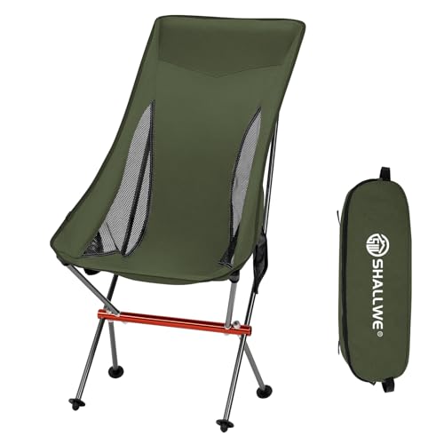 SHALLWE Camping Chairs, All Aluminum Frame Portable Folding Camp Chair for Adults, Heavy Duty High Back Collapsible with B...