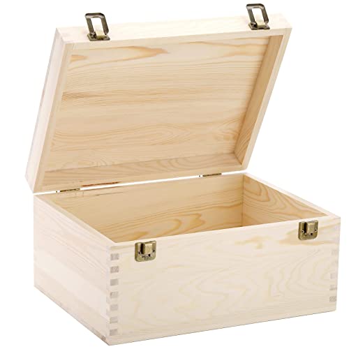Frcctre Extral Large Unfinished Wooden Box, 13 x 10 x 6.5 inch Natural Unfinished Pine Wood Box with Hinged Lid and Front ...