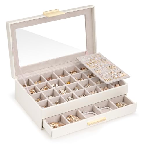 Lolalet Earring Storage Box Case with Glass Top, Large Earring Jewelry Holder Organizer Display with Drawer and Grid, Gift...